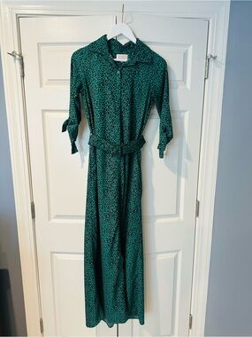 Green Leopard-Print Maxi Shirt Dress with Self-Tie Waist